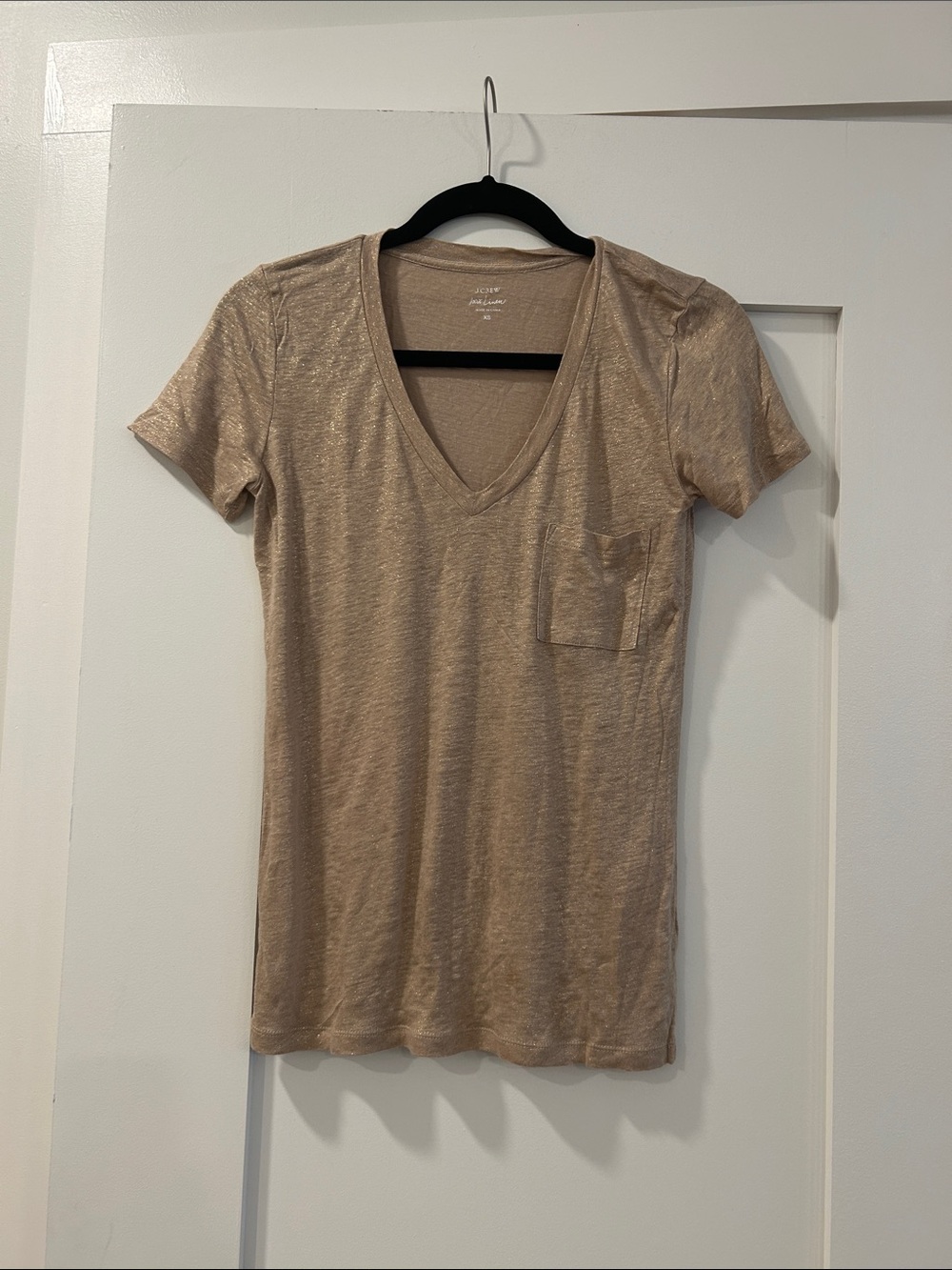J. Crew Linen Shimmery Gold V-Neck Pocket Tee, XS